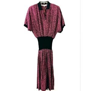 Zashi Vintage Dress Sz L PLUM Collar MAXI Pleated LONG Career Church Lady Boho